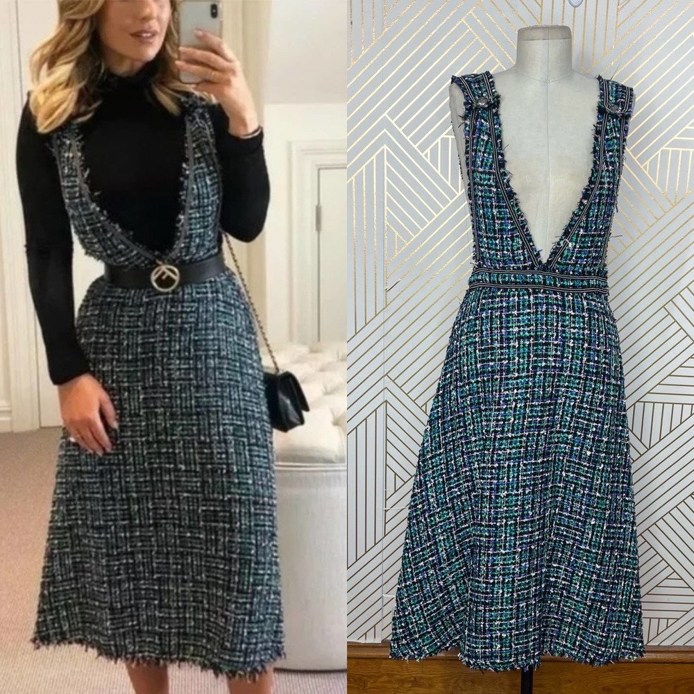 Zara Tweed Plaid Sleeveless Jumper Overall Dress in Green Size US Small
